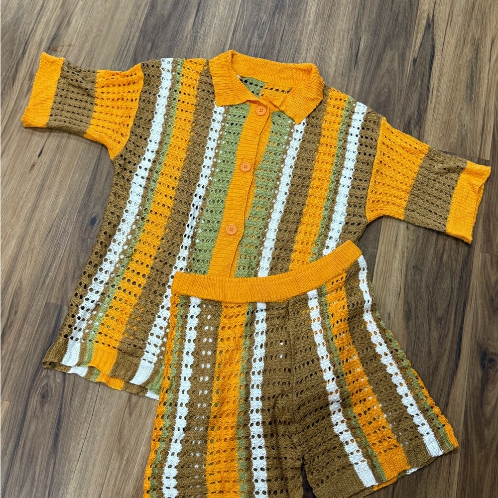 Striped Crochet Swim Coverup Short Set